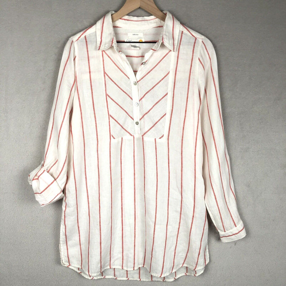 C&C CALIFORNIA 100% Linen Tunic Sz M White Red Stripe 1/2 Button Roll Tab Sleeve - Picture 1 of 13